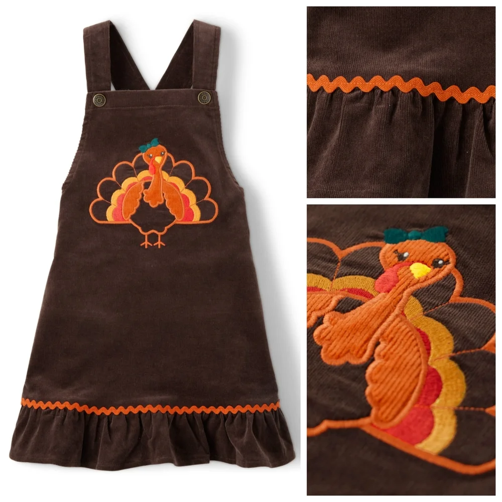 Gymboree Corduroy Embroidered Turkey Thanksgiving Overalls Dress Size 12 NEW